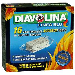 DIAVOLINA 16 Maxi Tavolette AccendiFuoco - Con Carbone Vegetale, Combustione Intensa E Duratura, Confezione Singola